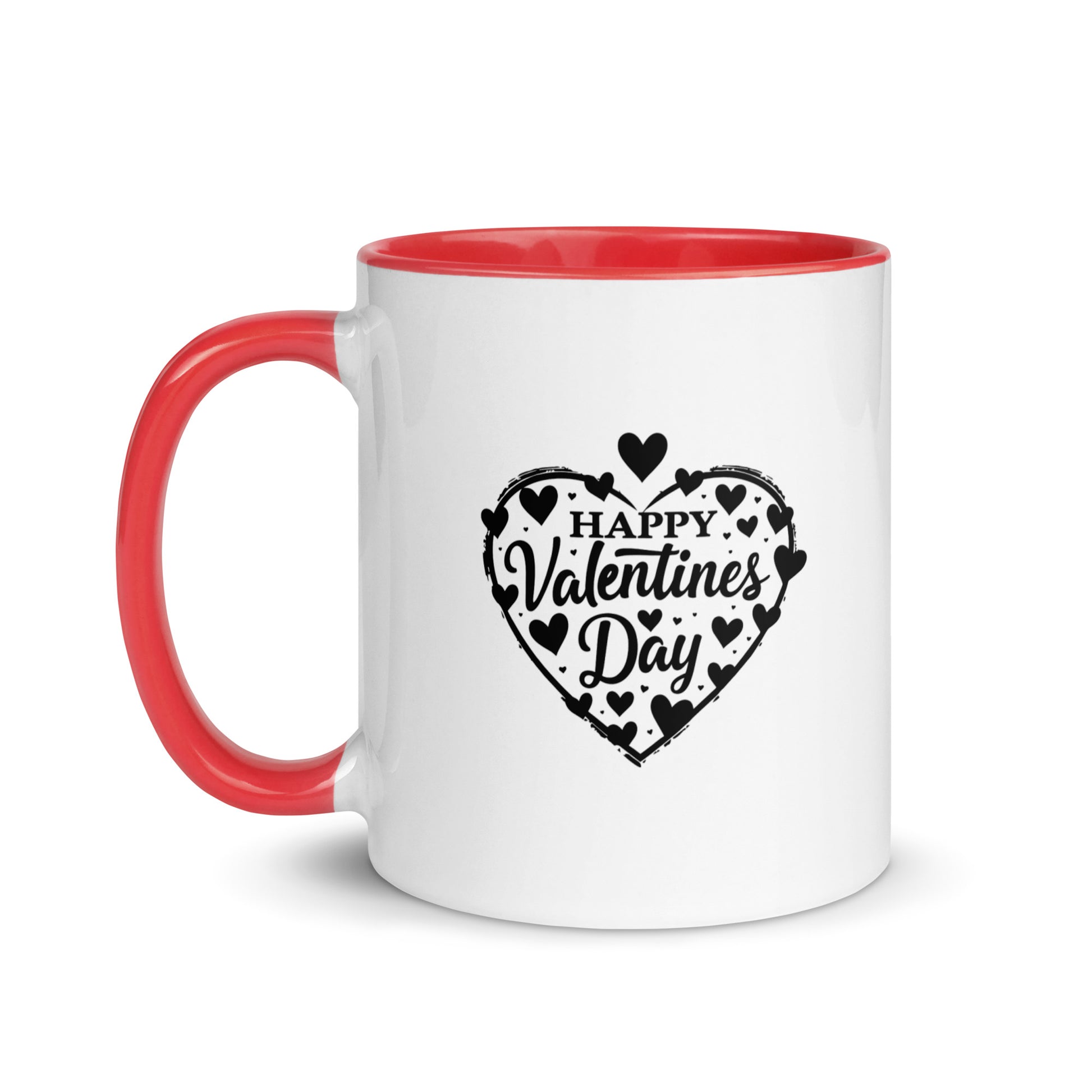 White mug with red handle featuring a 'Happy Valentine's Day' heart design 