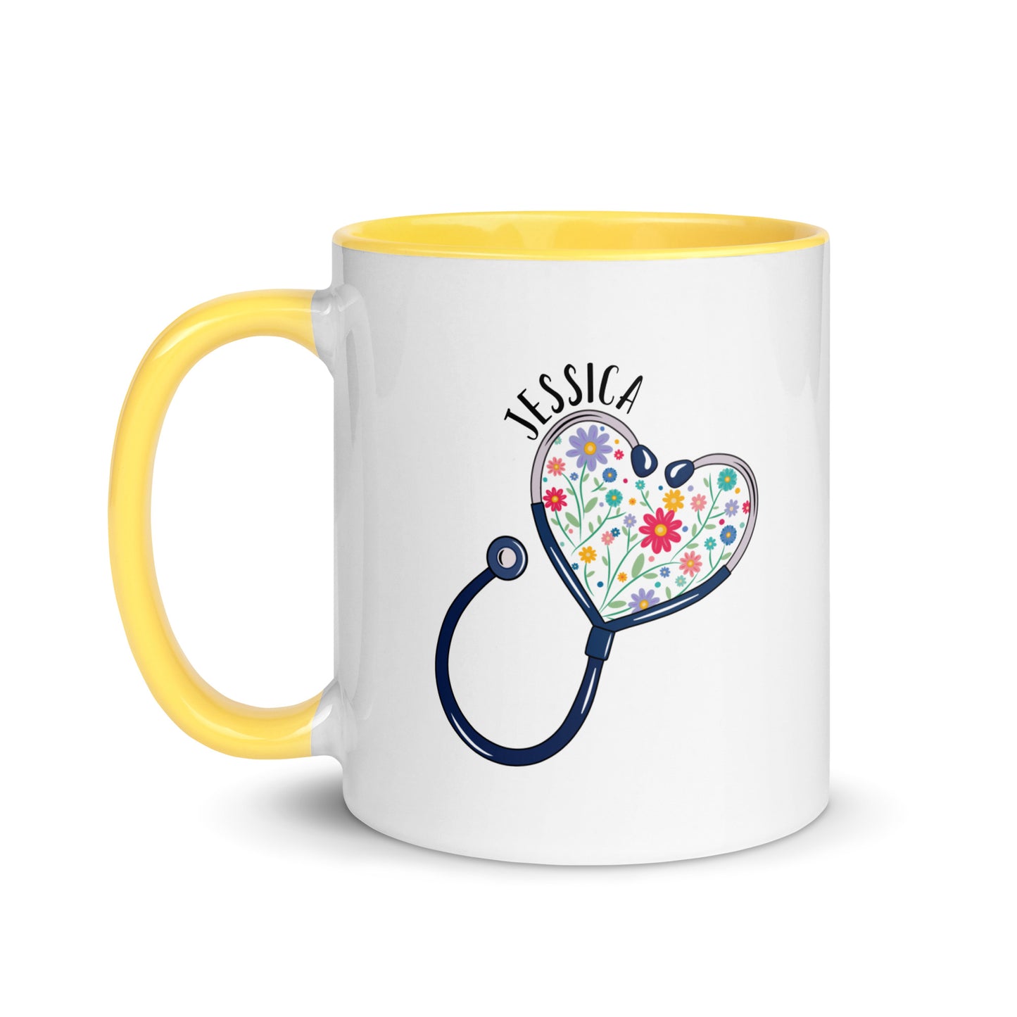 11 oz white ceramic mug with yellow handle with with a stethoscope in the shape of a heart with multi-colored flowers inside and personalized with a name hugging the top of the heart shape. 
