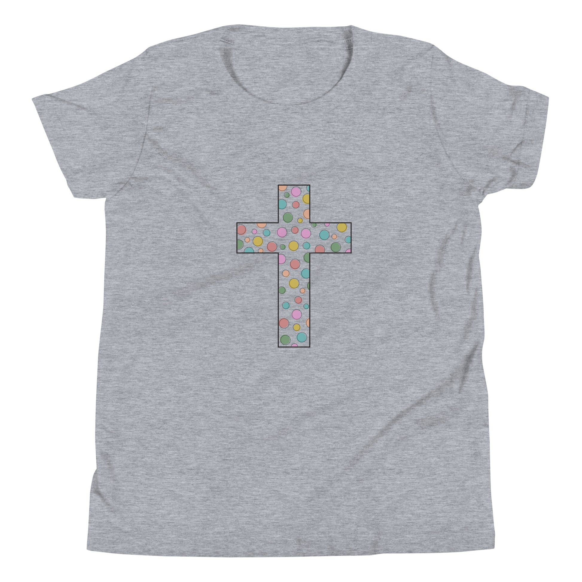 Heather gray youth sized unisex short sleeve t-shirt with a multi-colored polka dot Chrisitan cross. 
