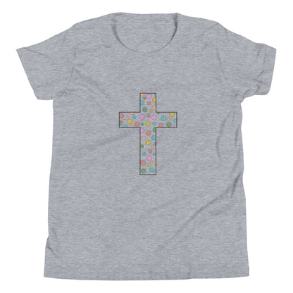 Heather gray youth sized unisex short sleeve t-shirt with a multi-colored polka dot Chrisitan cross. 