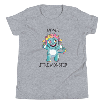 Heather gray youth sized unisex t-shirt that has a cute monster and says 'Mom's Little Monster'. 