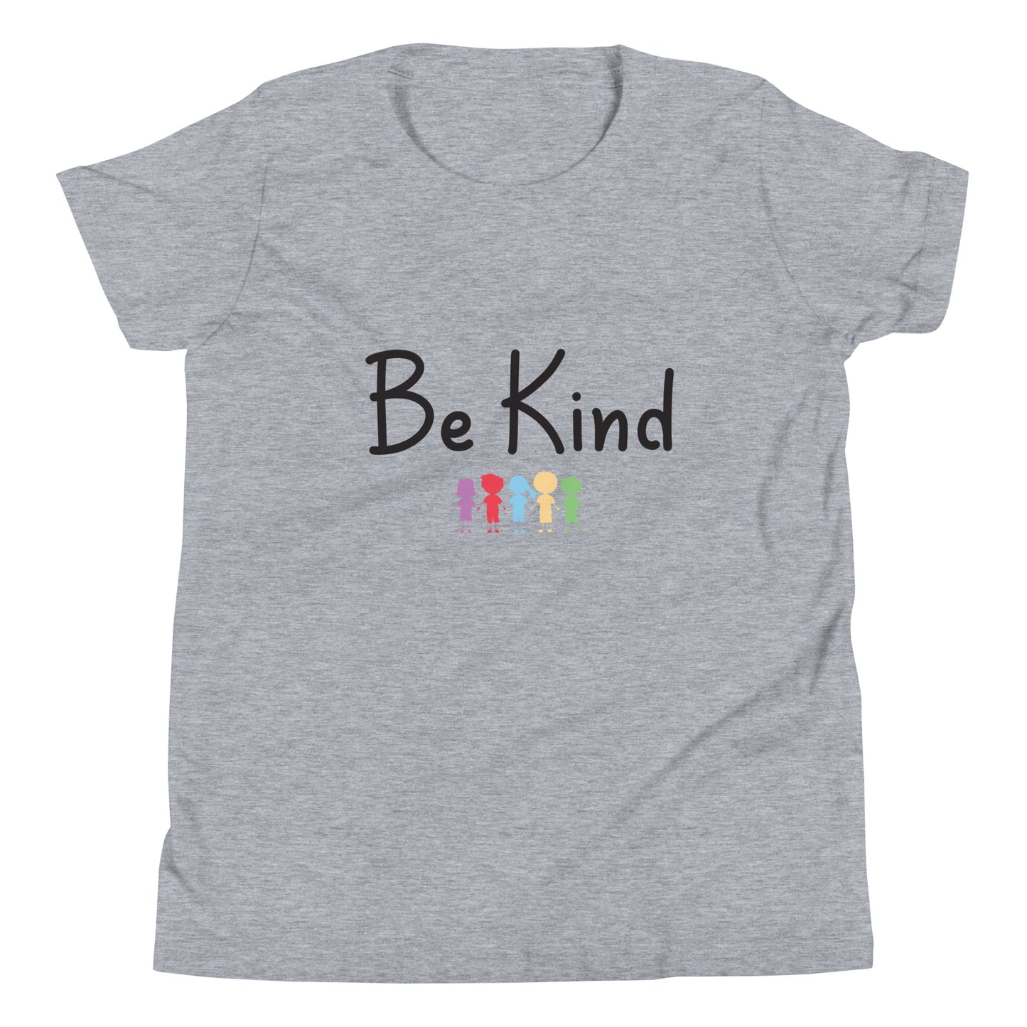 Heather gray youth sized unisex tee that says Be Kind with 5 children in different cute solid colors holding hands. 