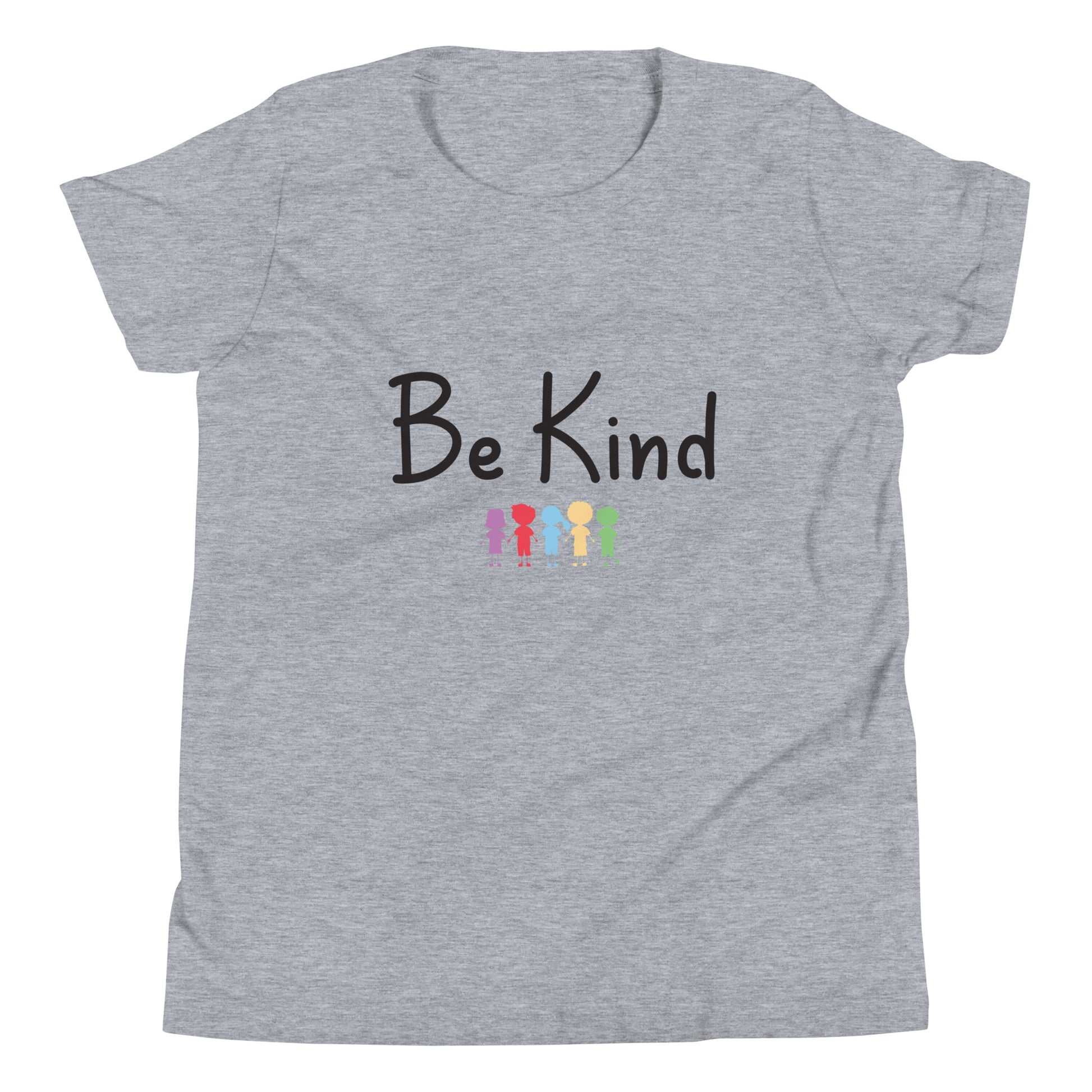 Heather gray youth sized unisex tee that says Be Kind with 5 children in different cute solid colors holding hands. 