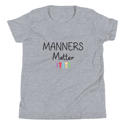 Heather gray short sleeve unisex youth sized t-shirt that says Manners Matter with 5 solid multi-colored kids holding hands. 
