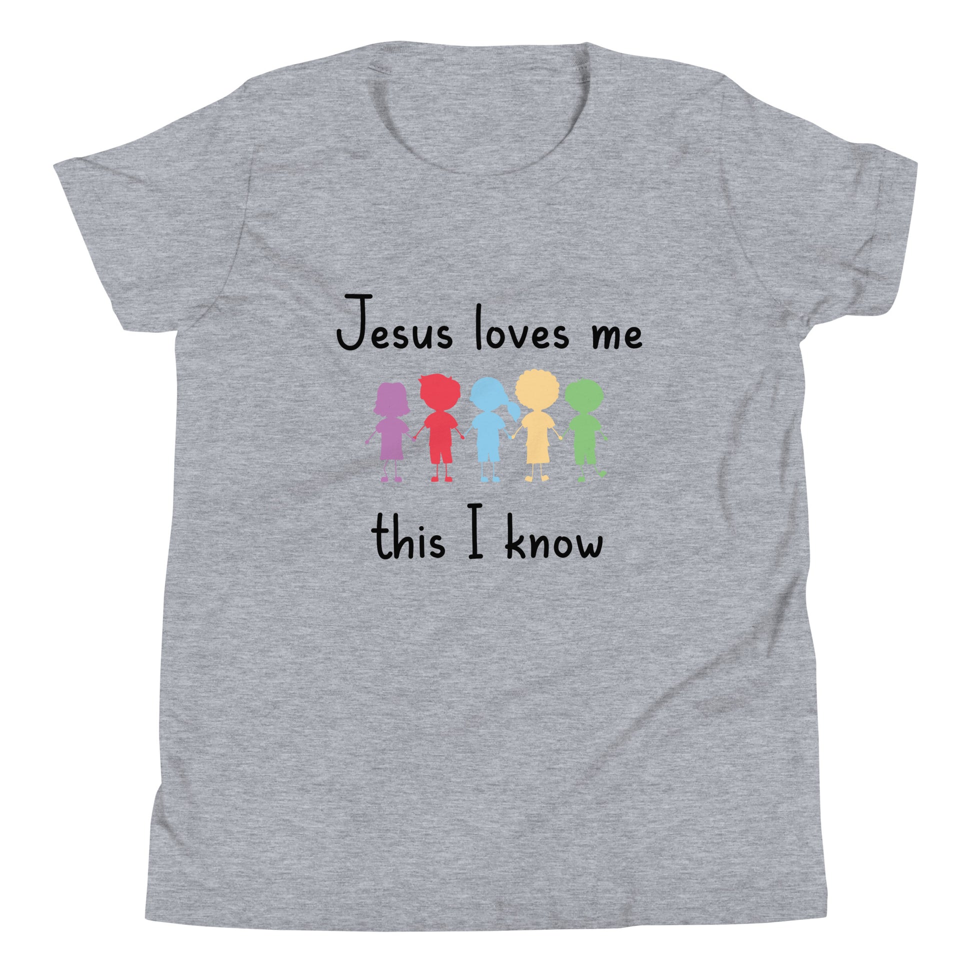 Heather gray short sleeve unisex youth sized t-shirt that says Jesus Loves Me This I Know with 5 children in different cute solid colors holding hands. 