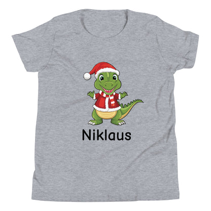 Heather gray unisex short sleeve youth sized t-shirt Personalized with childs name under a dinosaur dressed like santa.  