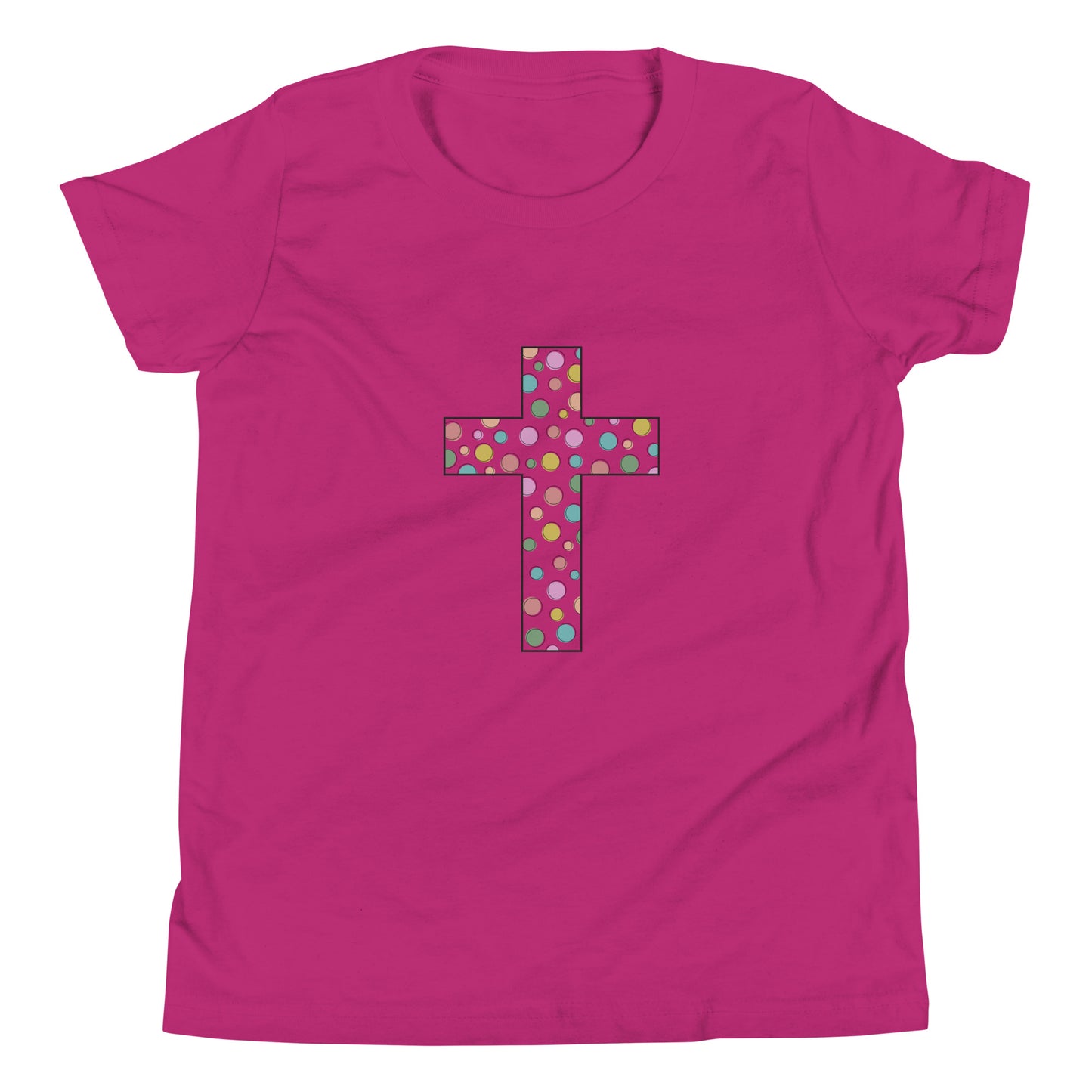 Berry youth sized unisex short sleeve t-shirt with a multi-colored polka dot Chrisitan cross. 