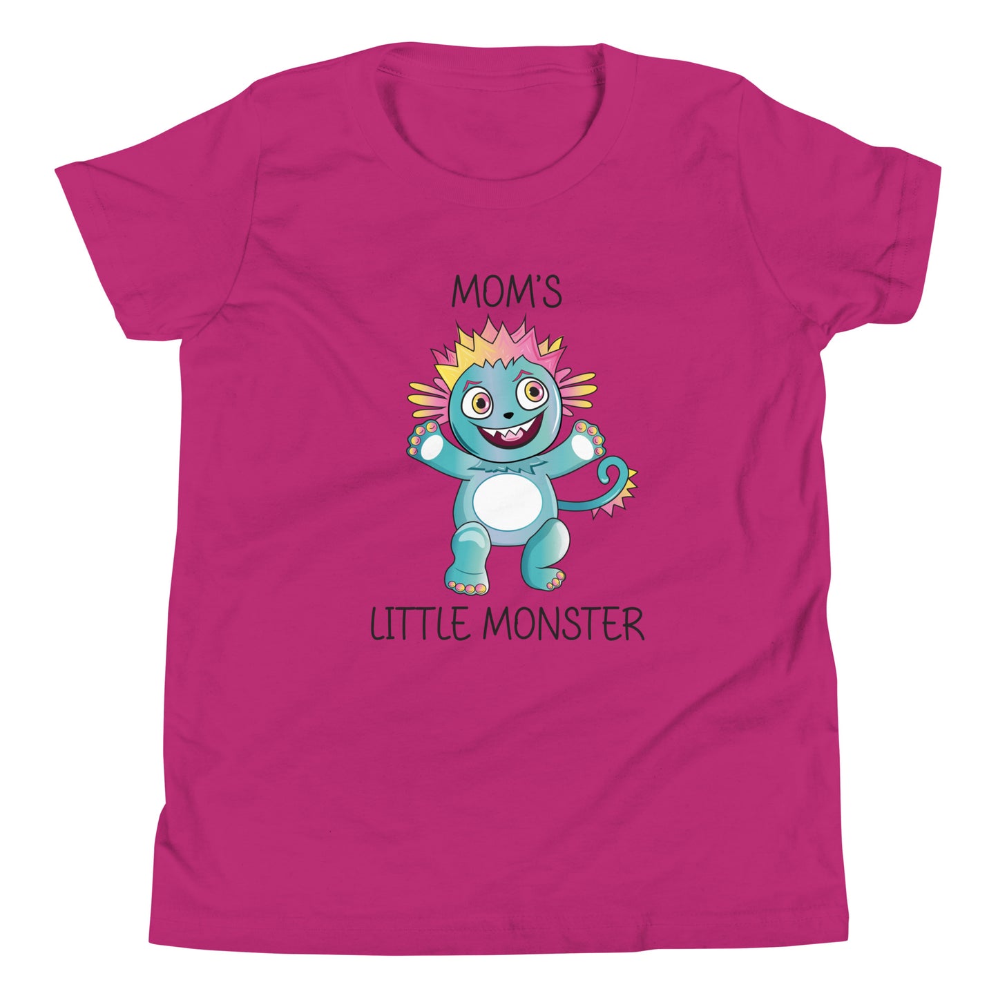 Berry colored youth sized unisex t-shirt that has a cute monster and says 'Mom's Little Monster'. 