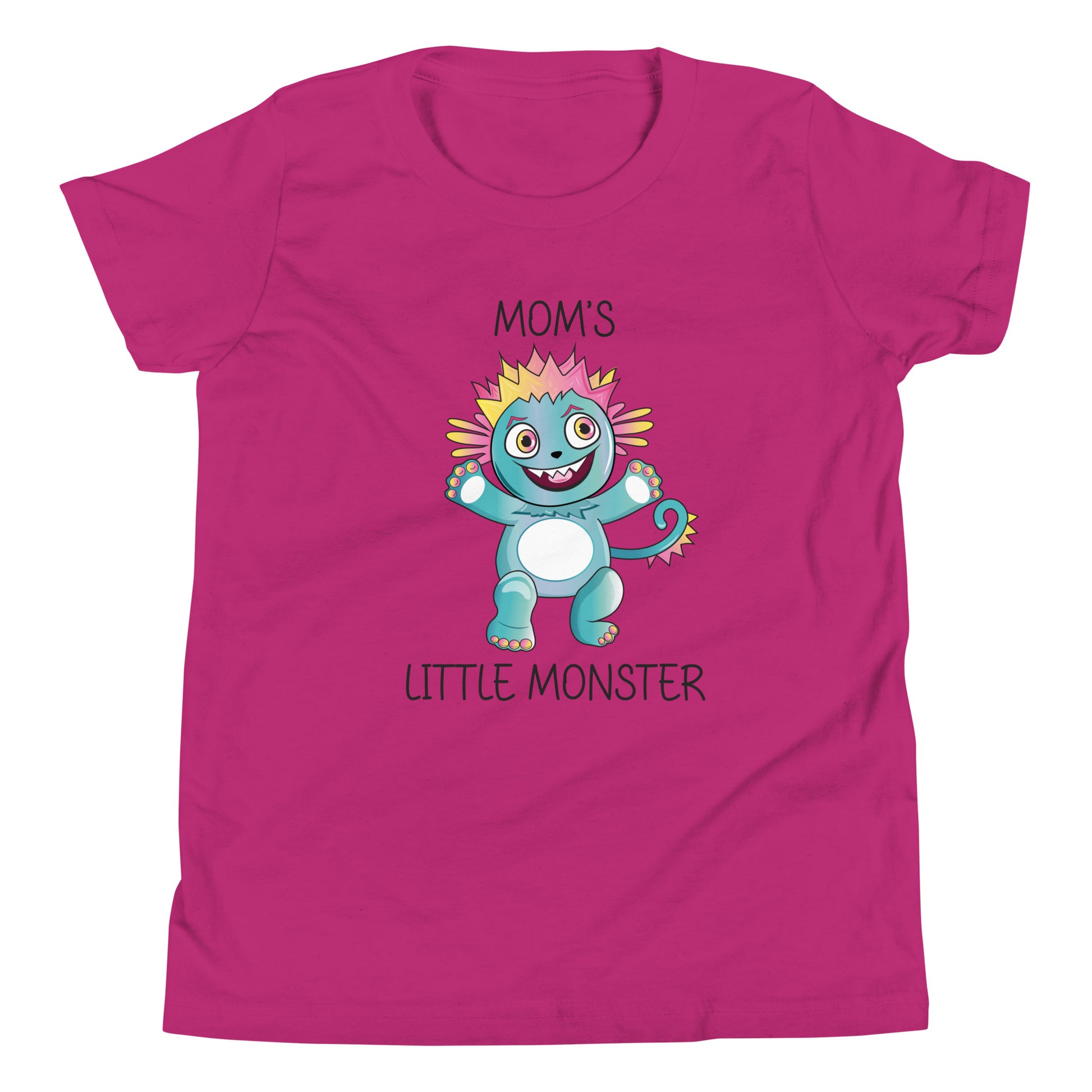 Berry colored youth sized unisex t-shirt that has a cute monster and says 'Mom's Little Monster'. 