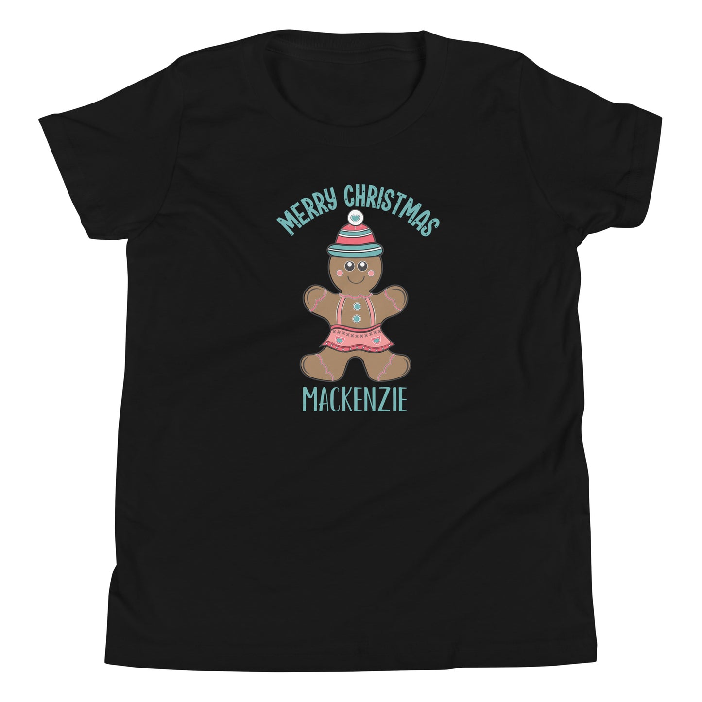 Personalized with childs name Merry Christmas Gingerbread Girl Youth Short Sleeve black T-Shirt 