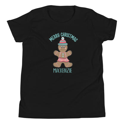 Personalized with childs name Merry Christmas Gingerbread Girl Youth Short Sleeve black T-Shirt 