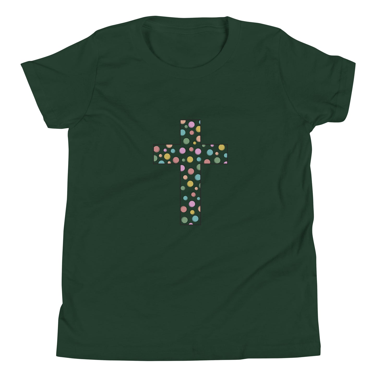 Forest green youth sized unisex short sleeve t-shirt with a multi-colored polka dot Chrisitan cross. 