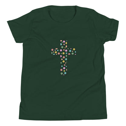 Forest green youth sized unisex short sleeve t-shirt with a multi-colored polka dot Chrisitan cross. 