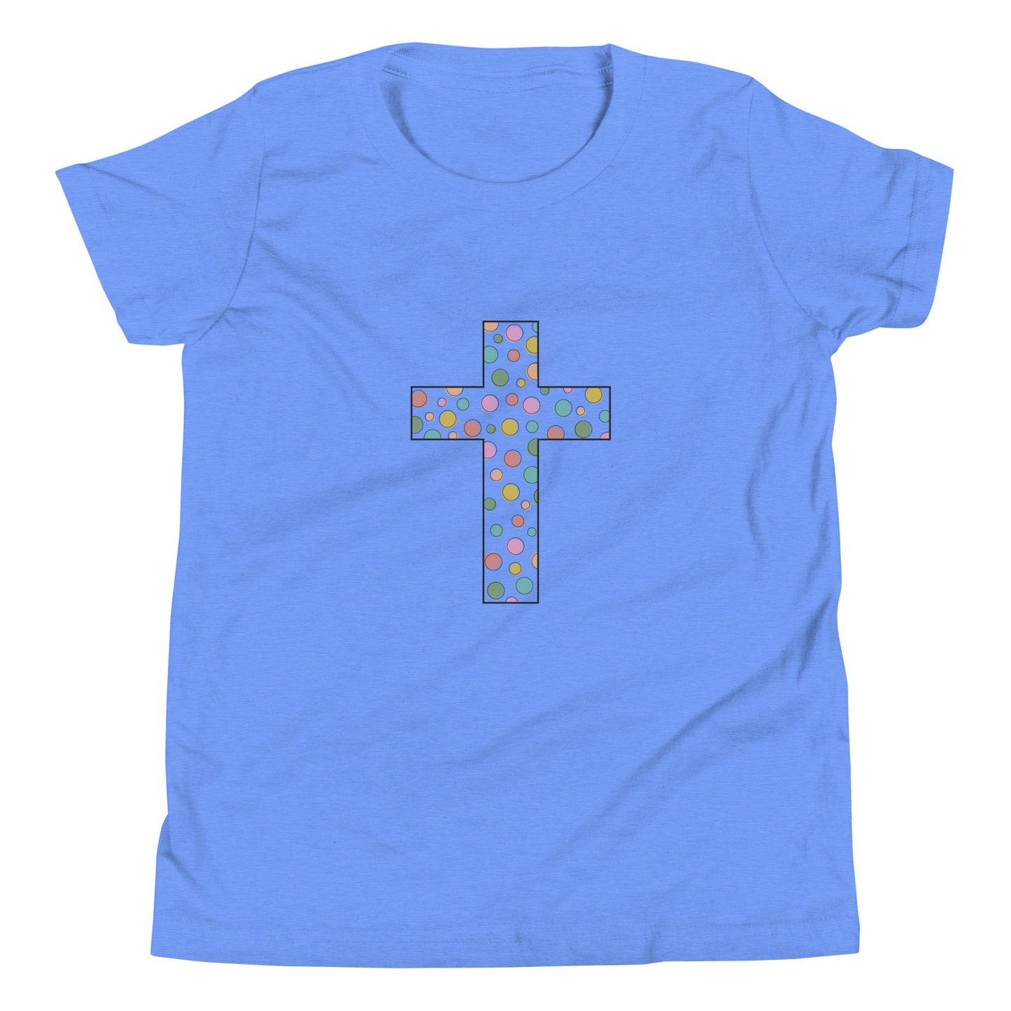 Heather light blue youth sized unisex short sleeve t-shirt with a multi-colored polka dot Chrisitan cross. 