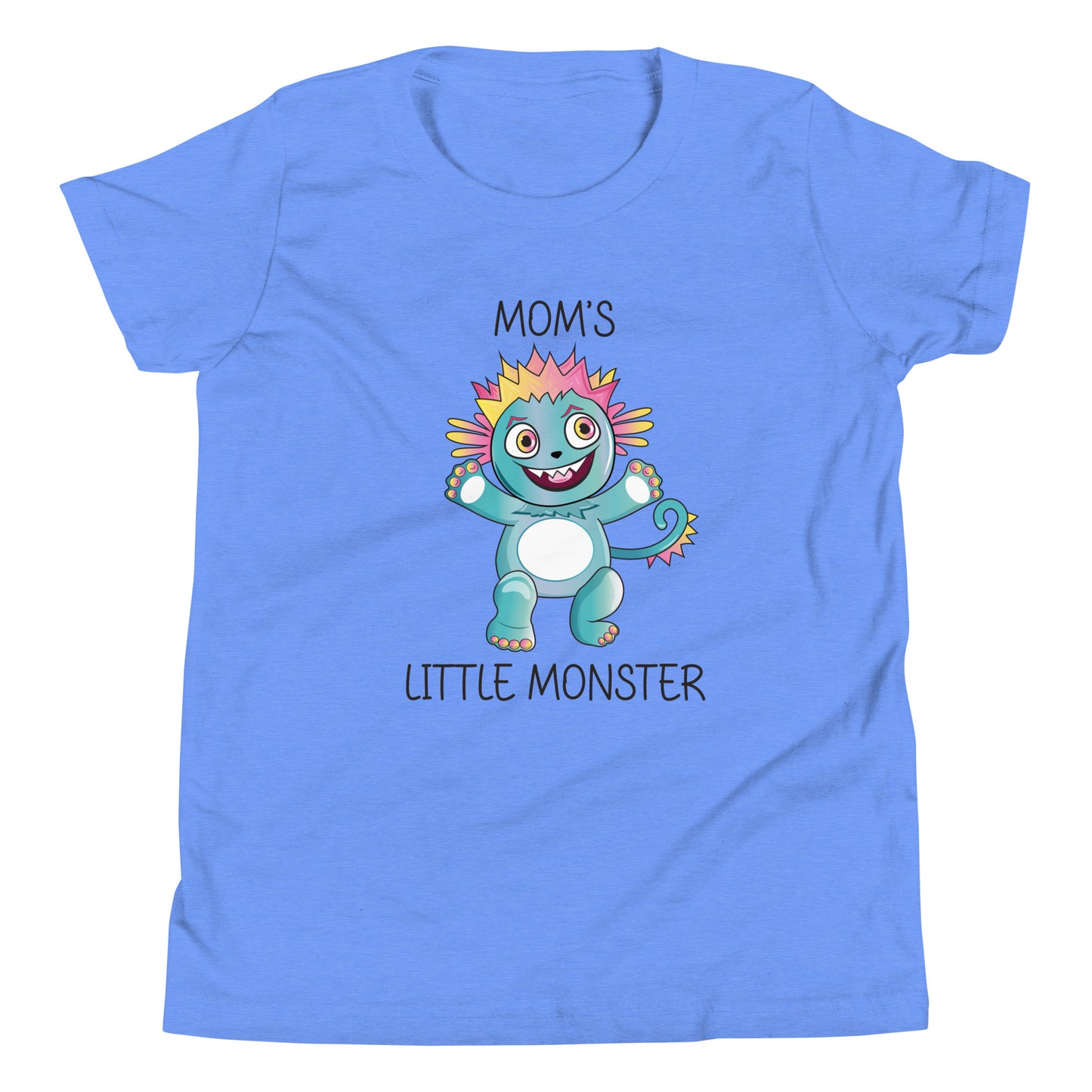 Light blue youth sized unisex t-shirt that has a cute monster and says 'Mom's Little Monster'. 