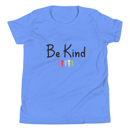 Light blue youth sized unisex tee that says Be Kind with 5 children in different cute solid colors holding hands. 