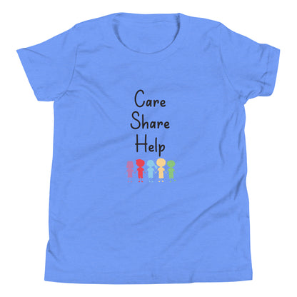 Light blue short sleeve unisex youth sized t-shirt that says Care Share Help with multi-colored solid kids holding hands.