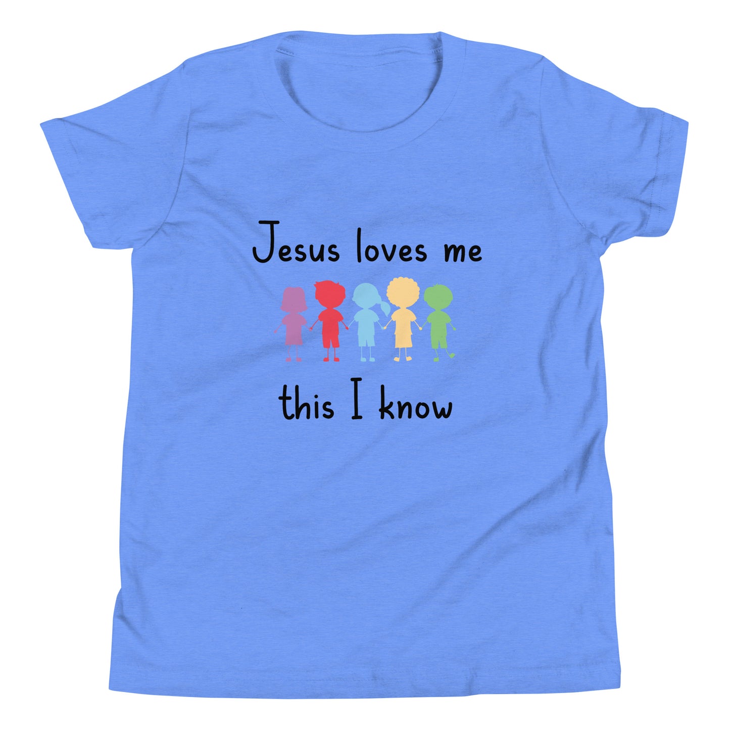 Blue short sleeve unisex youth sized t-shirt that says Jesus Loves Me This I Know with 5 children in different cute solid colors holding hands. 