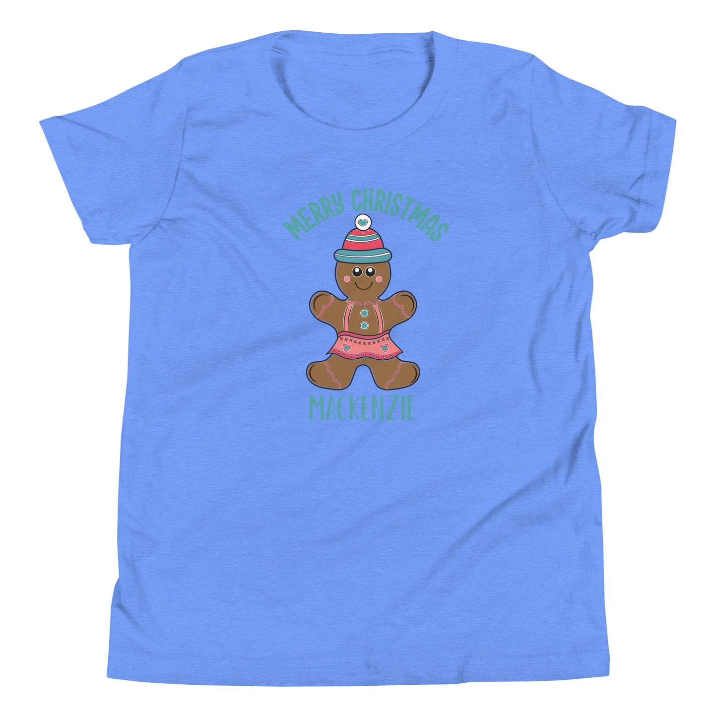 Personalized with childs name Merry Christmas Gingerbread Girl Youth Short Sleeve light blue T-Shirt.