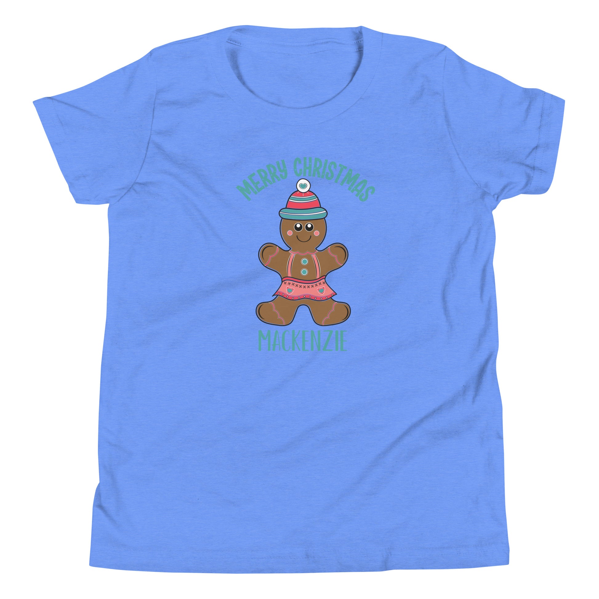 Personalized with childs name Merry Christmas Gingerbread Girl Youth Short Sleeve light blue T-Shirt.