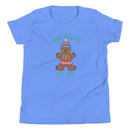 Personalized with childs name Merry Christmas Gingerbread Girl Youth Short Sleeve light blue T-Shirt.