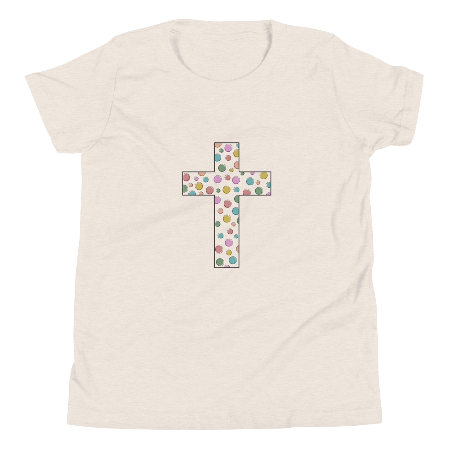 Heather dust youth sized unisex short sleeve t-shirt with a multi-colored polka dot Chrisitan cross. 