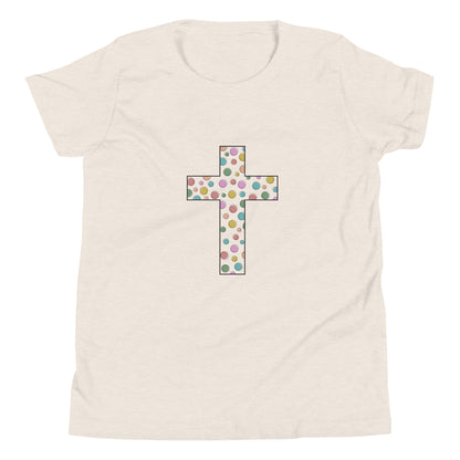 Heather dust youth sized unisex short sleeve t-shirt with a multi-colored polka dot Chrisitan cross. 