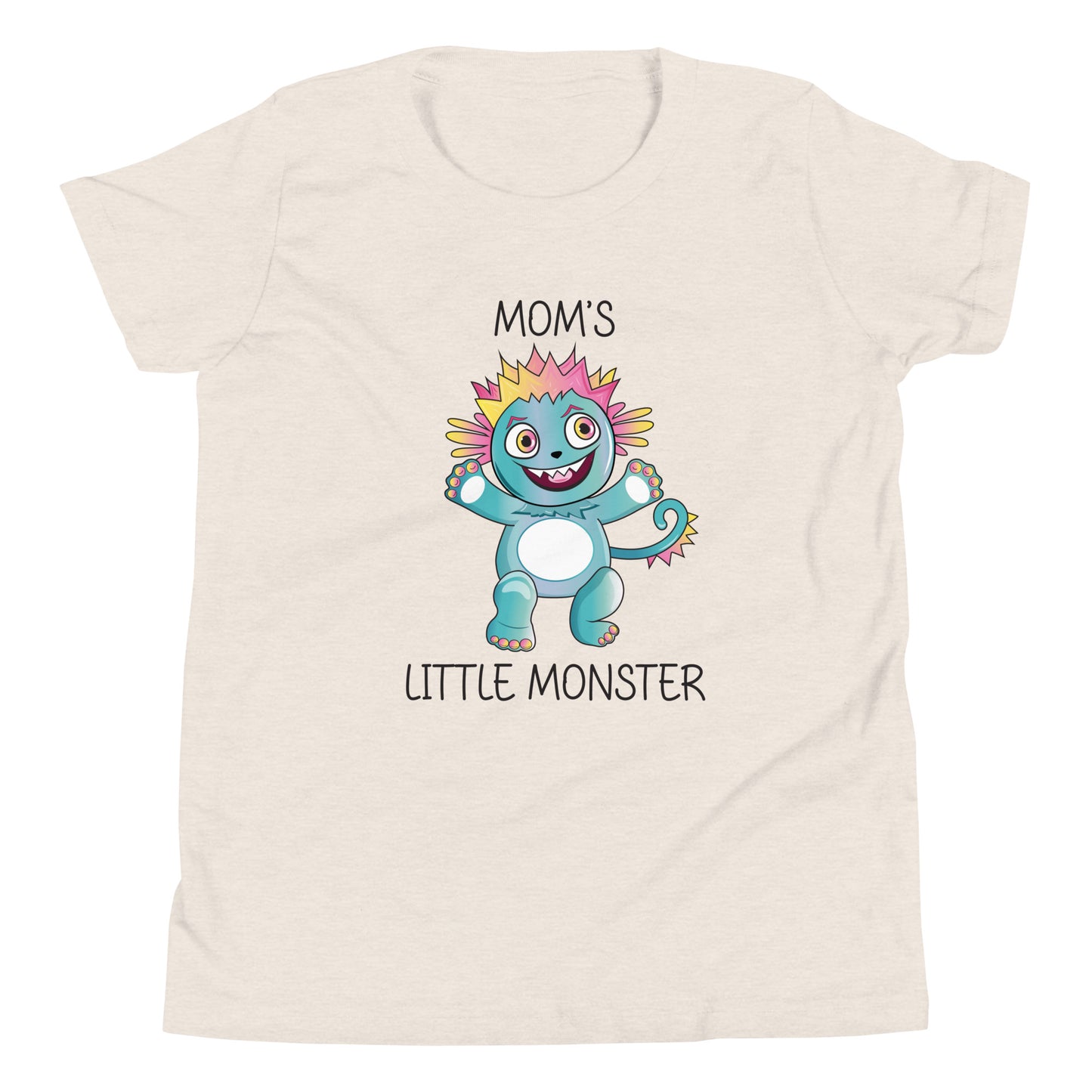 Heather dust youth sized unisex t-shirt that has a cute monster and says 'Mom's Little Monster'. 