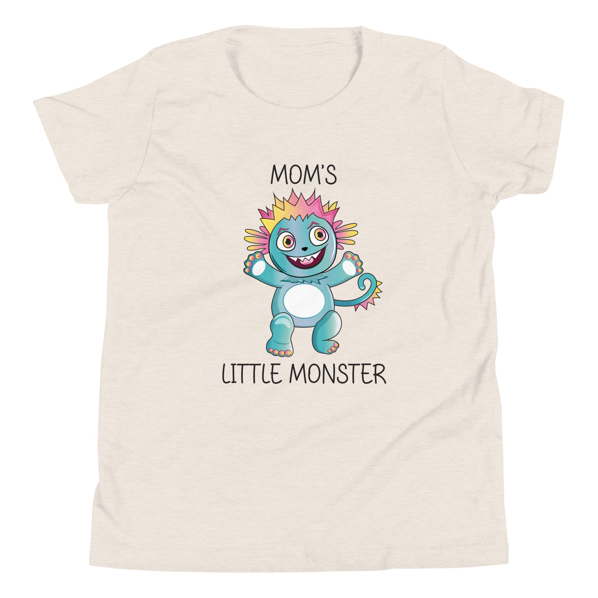 Heather dust youth sized unisex t-shirt that has a cute monster and says 'Mom's Little Monster'. 