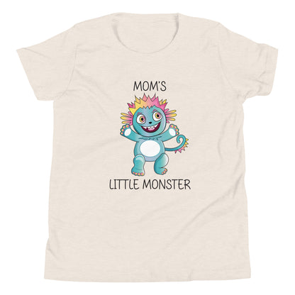 Heather dust youth sized unisex t-shirt that has a cute monster and says 'Mom's Little Monster'. 