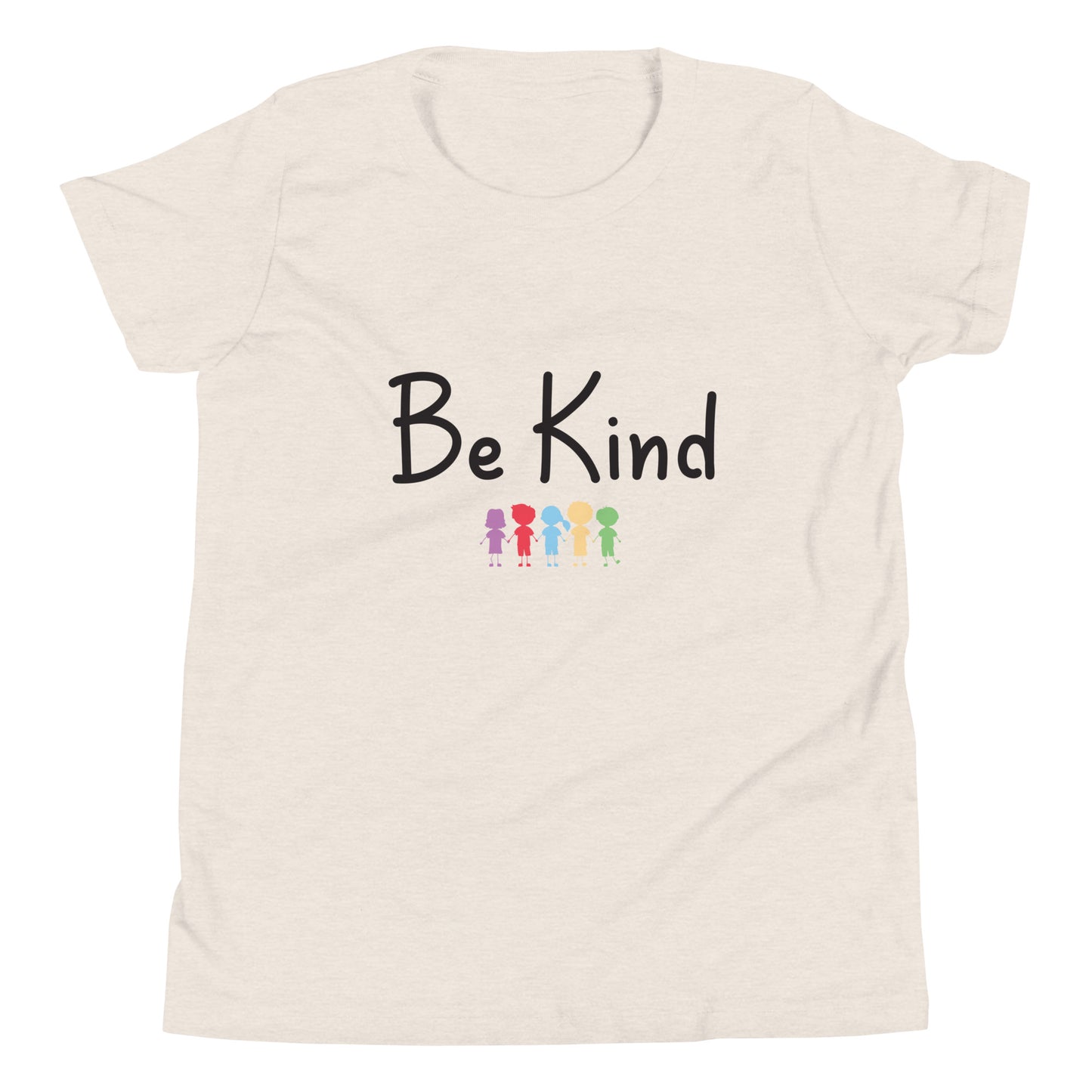 Heather dust youth sized unisex tee that says Be Kind with 5 children in different cute solid colors holding hands. 