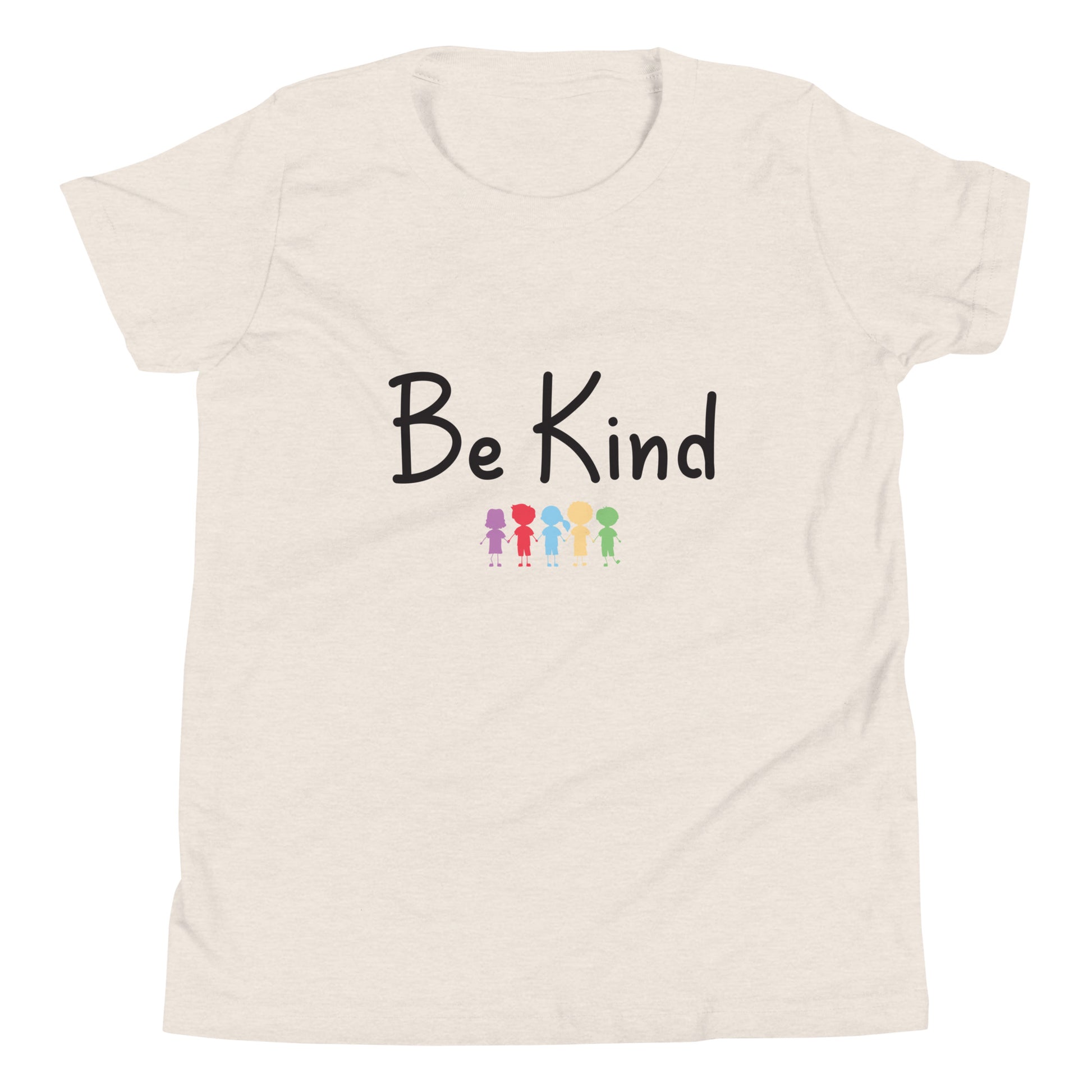Heather dust youth sized unisex tee that says Be Kind with 5 children in different cute solid colors holding hands. 