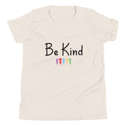 Heather dust youth sized unisex tee that says Be Kind with 5 children in different cute solid colors holding hands. 