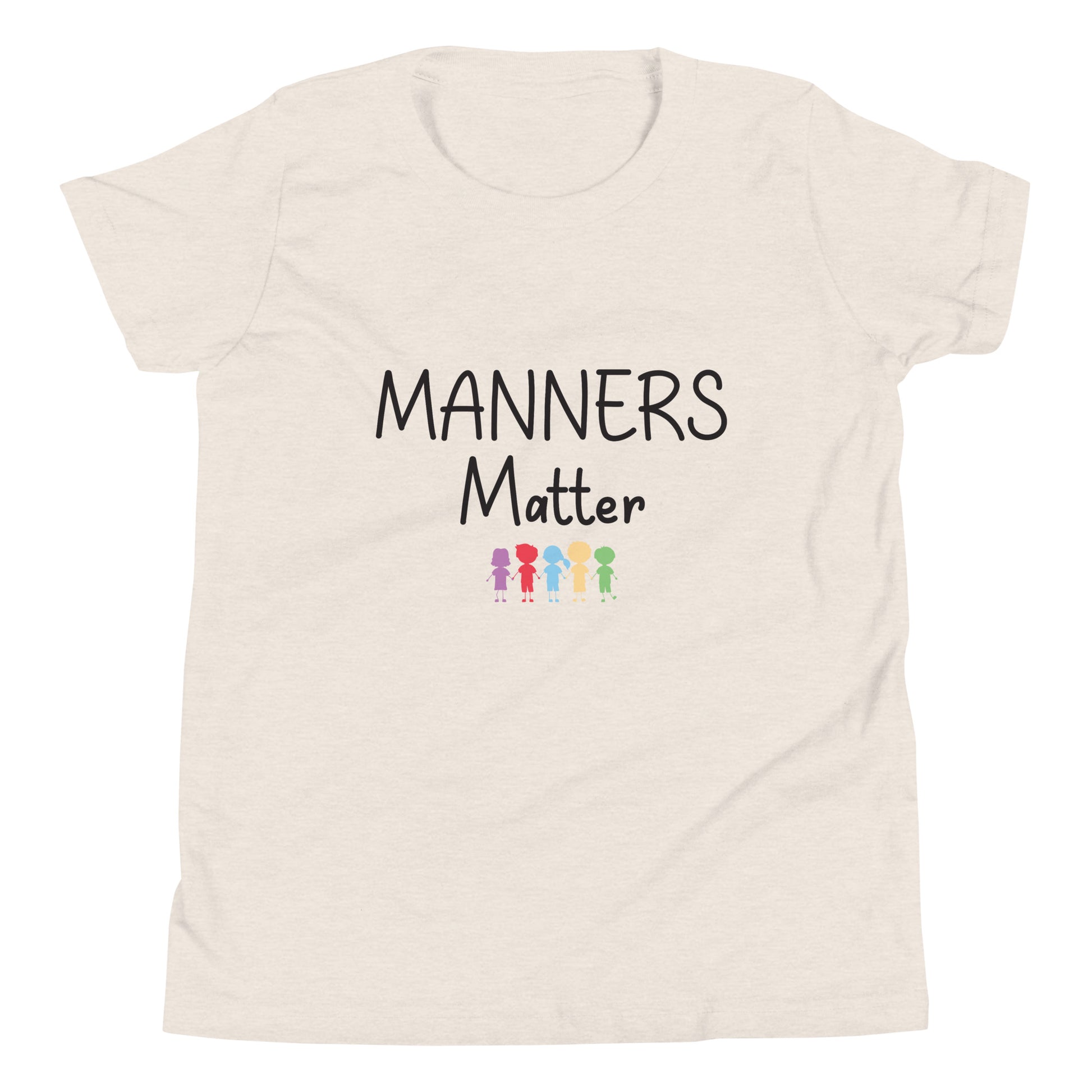 Heather dust short sleeve unisex youth sized t-shirt that says Manners Matter with 5 solid multi-colored kids holding hands. 