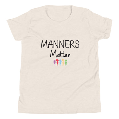 Heather dust short sleeve unisex youth sized t-shirt that says Manners Matter with 5 solid multi-colored kids holding hands. 
