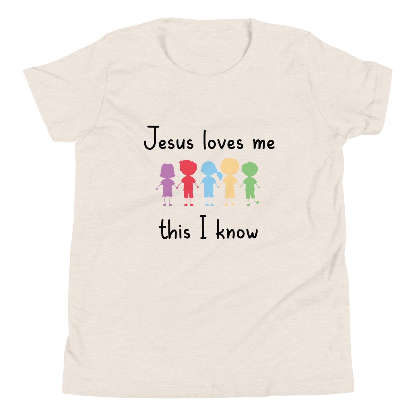 Heather dust color short sleeve unisex youth sized t-shirt that says Jesus Loves Me This I Know with 5 children in different cute solid colors holding hands. 