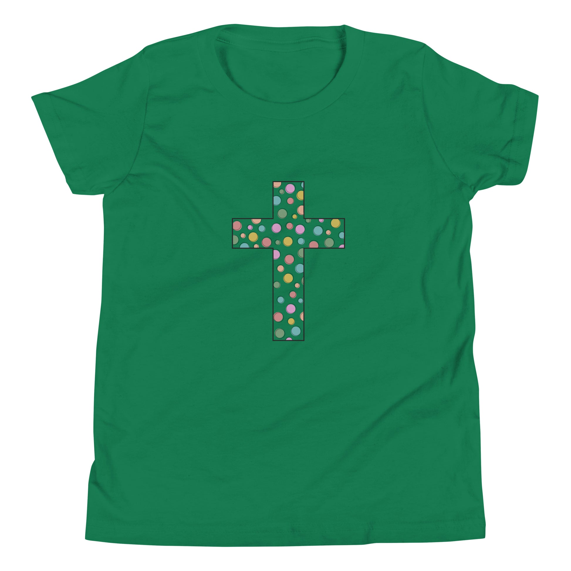 Kelly green youth sized unisex short sleeve t-shirt with a multi-colored polka dot Chrisitan cross. 