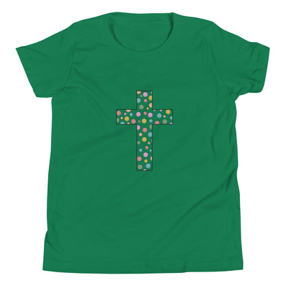 Kelly green youth sized unisex short sleeve t-shirt with a multi-colored polka dot Chrisitan cross. 