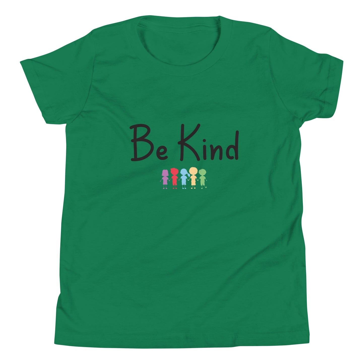 Kelly green youth sized unisex tee that says Be Kind with 5 children in different cute solid colors holding hands. 