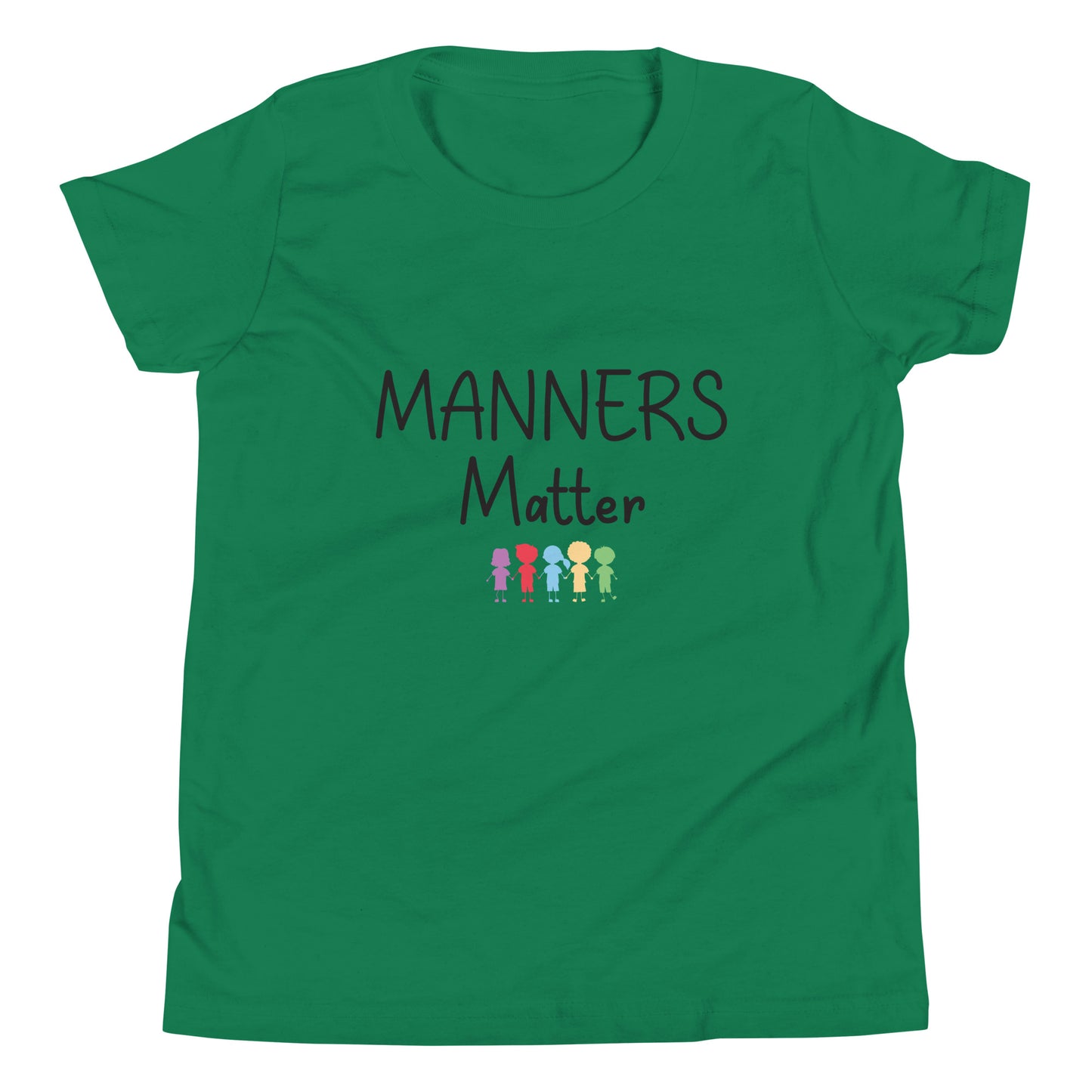 Kelly green short sleeve unisex youth sized t-shirt that says Manners Matter with 5 solid multi-colored kids holding hands. 