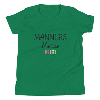 Kelly green short sleeve unisex youth sized t-shirt that says Manners Matter with 5 solid multi-colored kids holding hands. 