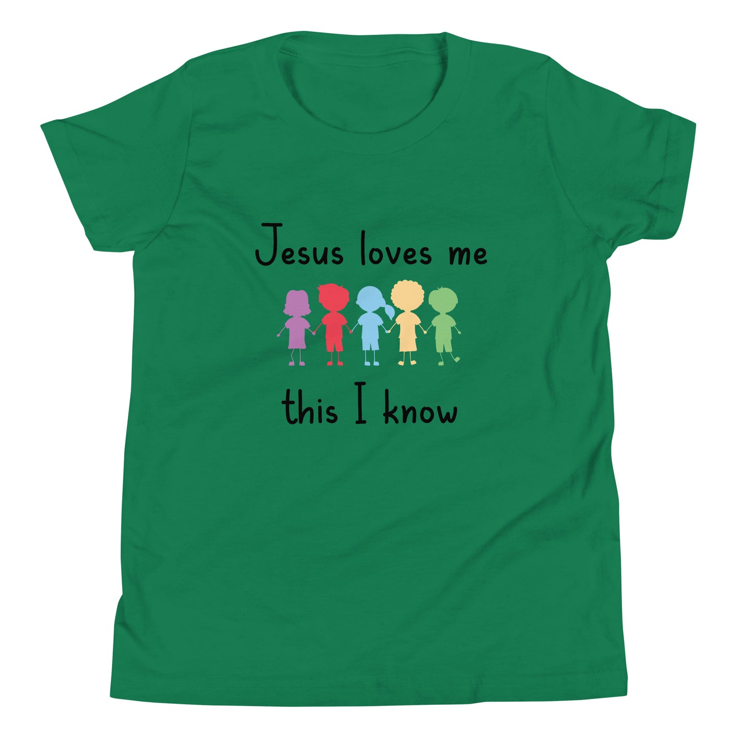 Kelly green short sleeve unisex youth sized t-shirt that says Jesus Loves Me This I Know with 5 children in different cute solid colors holding hands. 