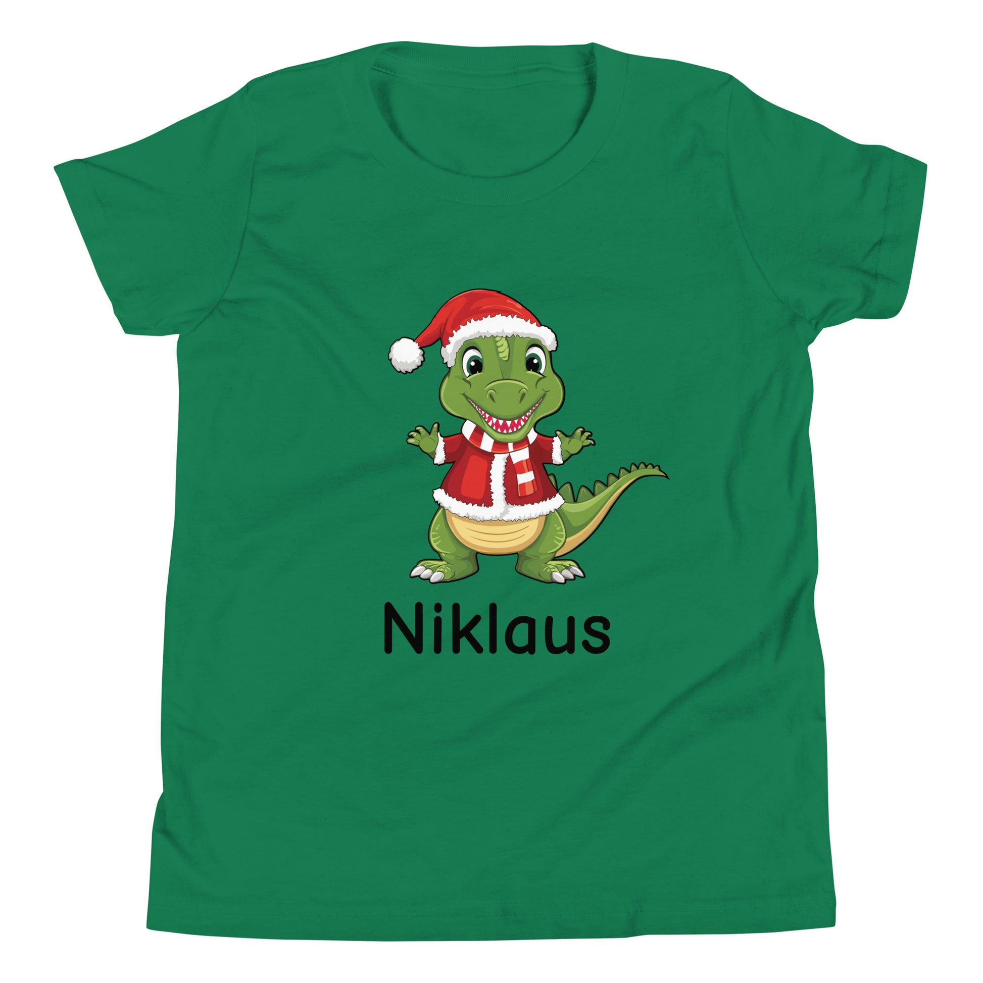 Kelly green unisex short sleeve youth sized t-shirt Personalized with childs name under a dinosaur dressed like santa.  