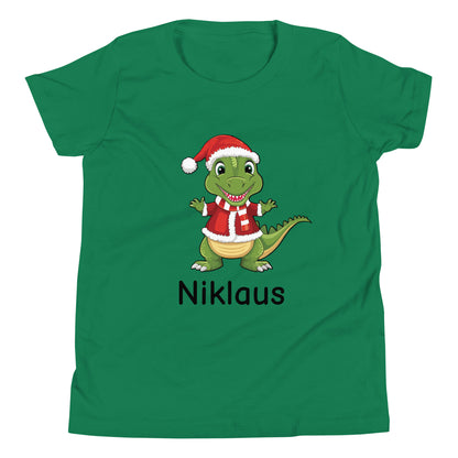 Kelly green unisex short sleeve youth sized t-shirt Personalized with childs name under a dinosaur dressed like santa.  