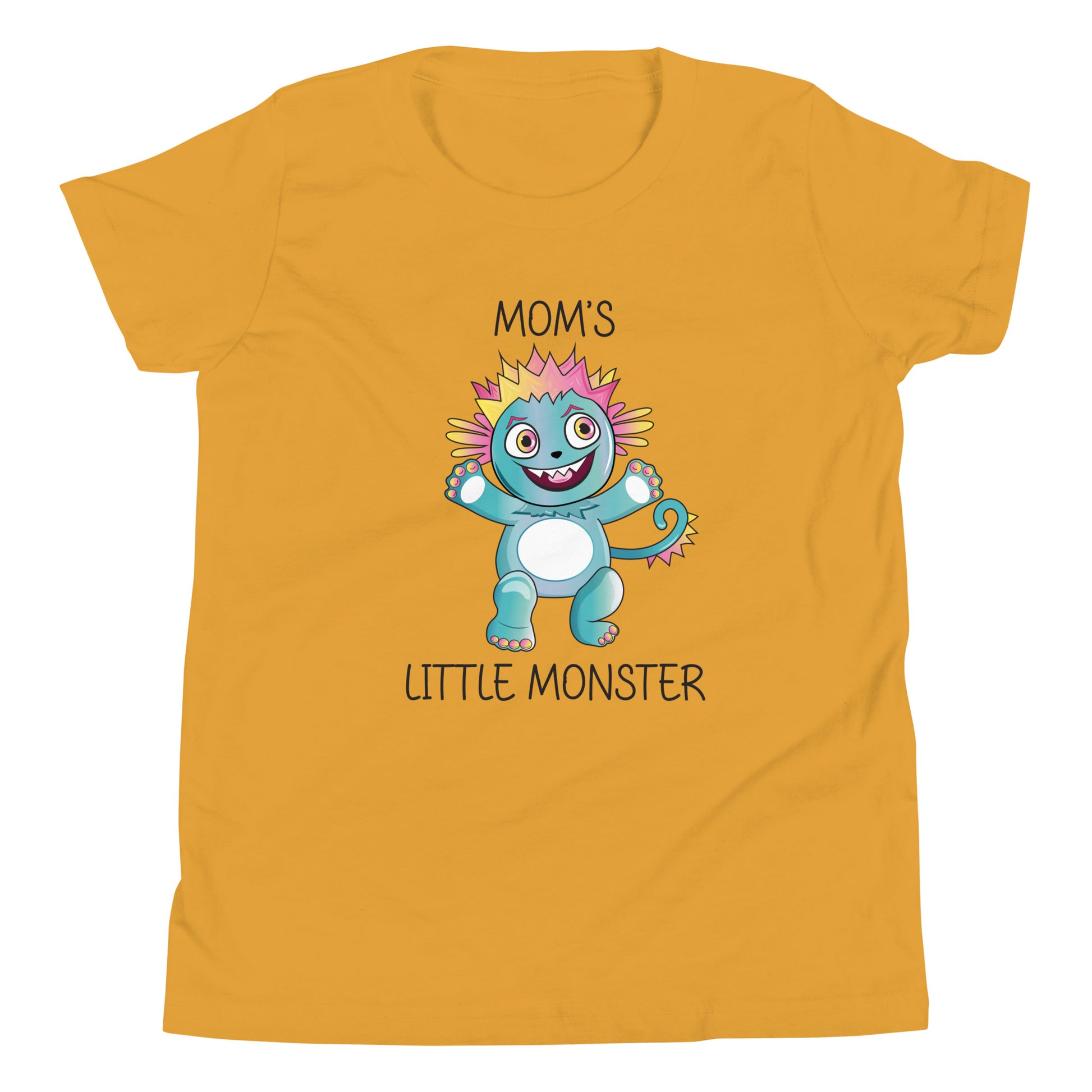 Mustard yellow youth sized unisex t-shirt that has a cute monster and says 'Mom's Little Monster'. 