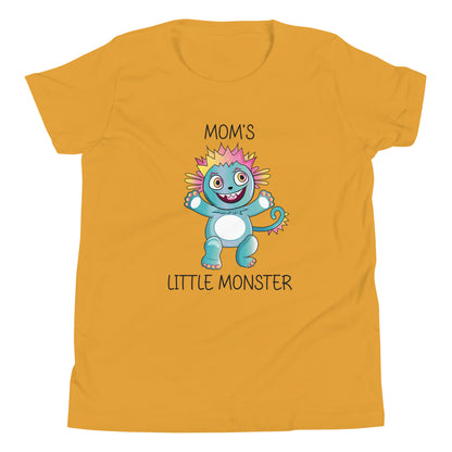 Mustard yellow youth sized unisex t-shirt that has a cute monster and says 'Mom's Little Monster'. 
