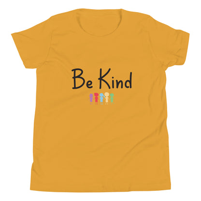 Mustard yellow youth sized unisex tee that says Be Kind with 5 children in different cute solid colors holding hands. 