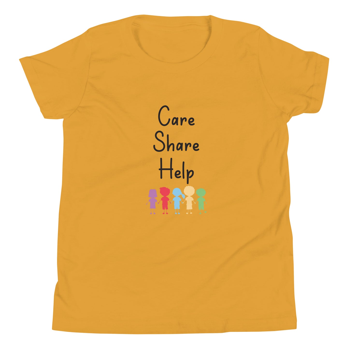 Yellow mustard short sleeve unisex youth sized t-shirt that says Care Share Help with multi-colored solid kids holding hands.
