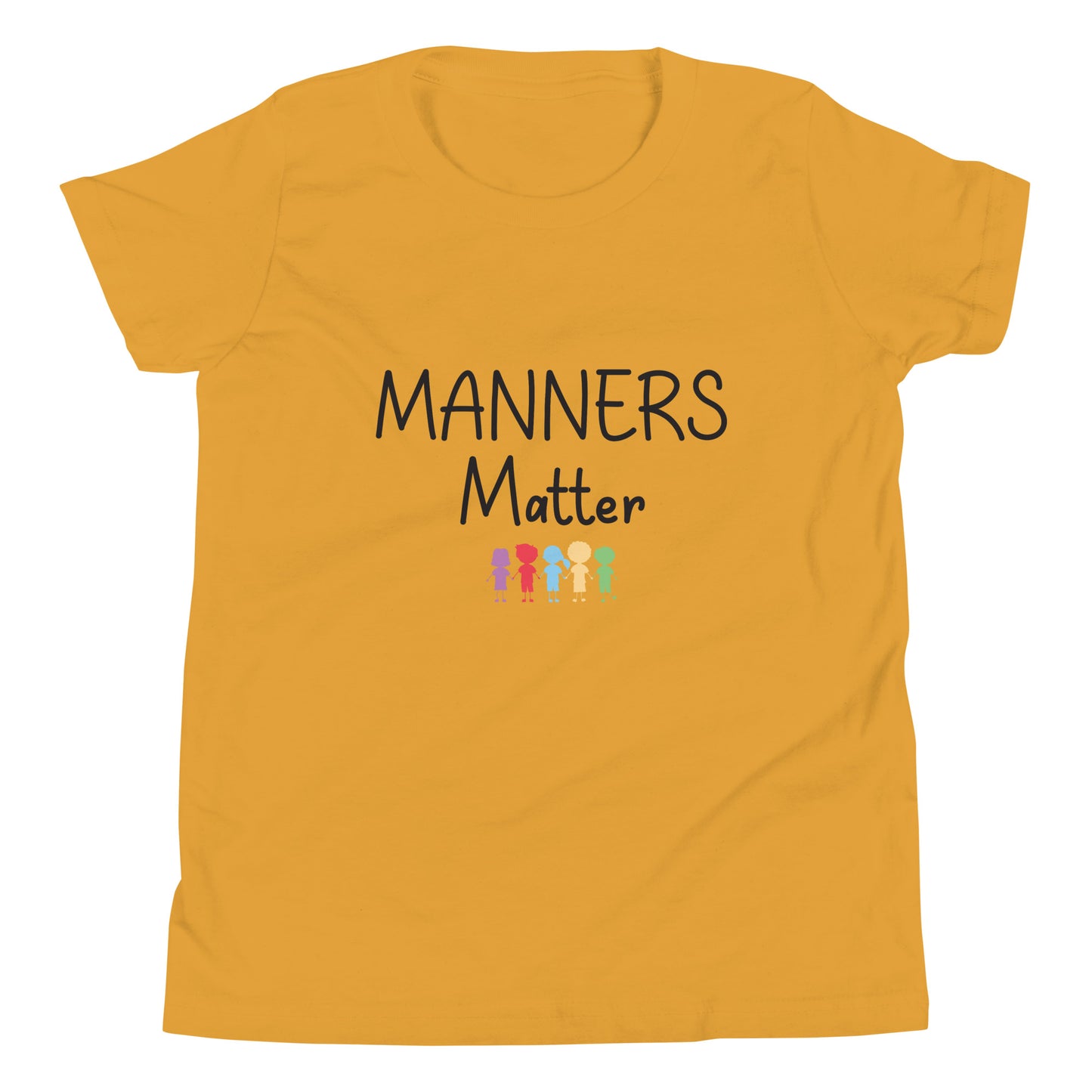 Mustard yellow short sleeve unisex youth sized t-shirt that says Manners Matter with 5 solid multi-colored kids holding hands. 