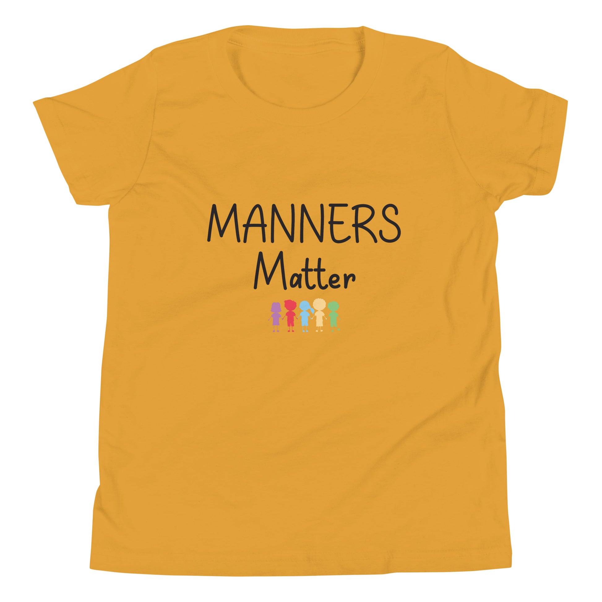 Mustard yellow short sleeve unisex youth sized t-shirt that says Manners Matter with 5 solid multi-colored kids holding hands. 